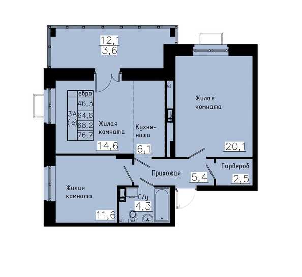 Планировка 3-комн 68,2 м²