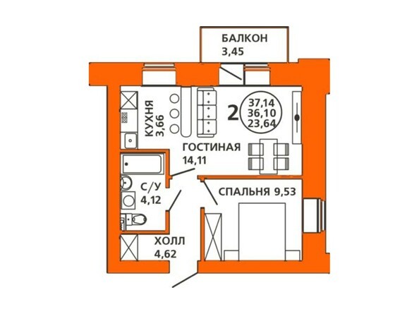 Планировка двухкомнатной квартиры 37,14 кв.м