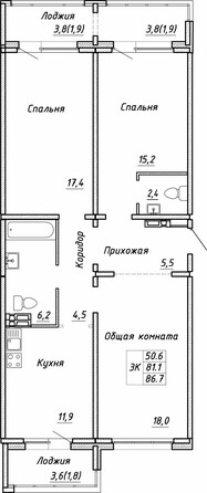 Планировка 3-комн 86,7 м²