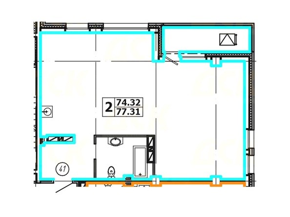 Планировка 2-комнатной квартиры 77,31 кв. м