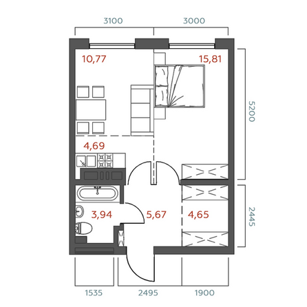 Планировка 1-комн 45,53 м²