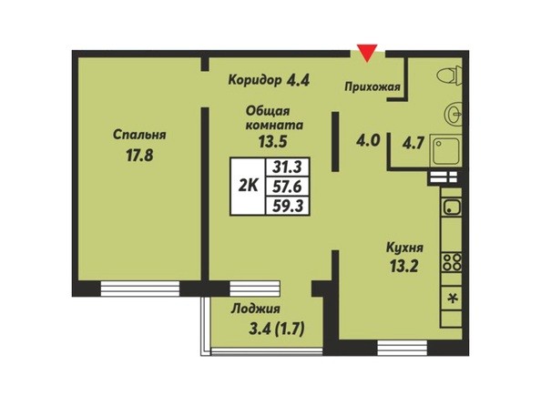 Планировка 2-комнатной квартиры 59,3 кв.м