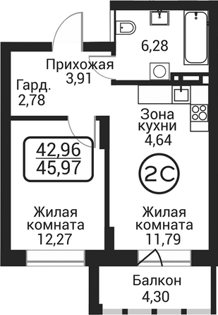 Планировка 2-комн 41,66 - 41,71 м²