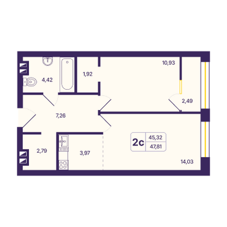 Планировка 2-комн 47,72, 47,81 м²