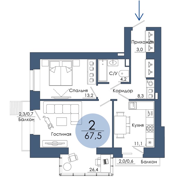 Планировка 2-комн 67,5 м²