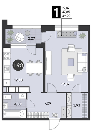 Планировка 1-комн 49,92 м²