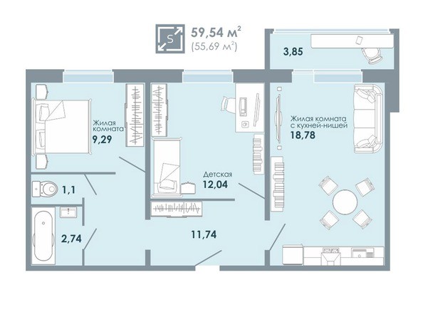 Планировка 3-комнатной квартиры 59,54 кв.м