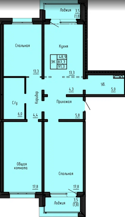 Планировка 3-комн 91,3 м²