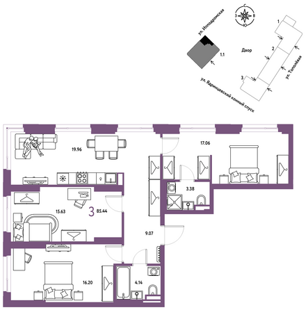 Планировка 3-комн 85,44, 86,27 м²