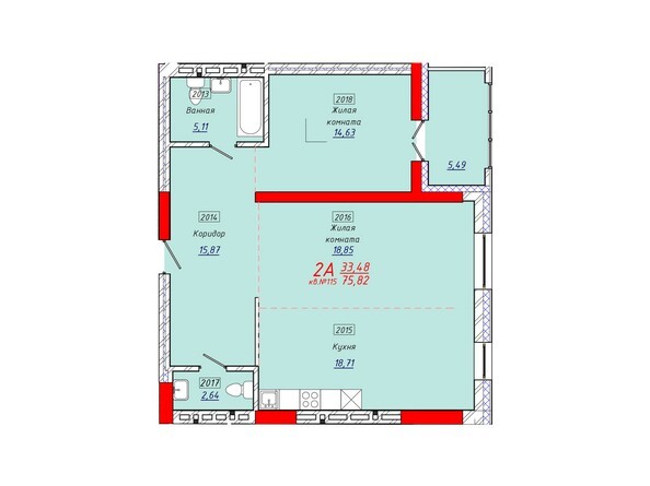 Планировка двухкомнатной квартиры 75,82 кв.м.