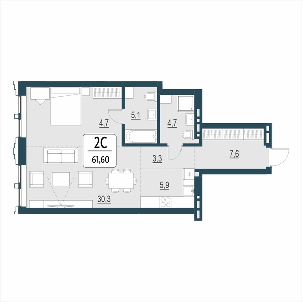 Планировка 2-комн 61,6 м²