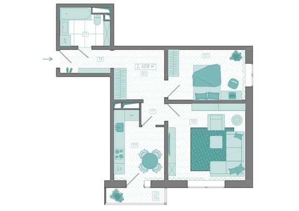 Планировка 2-комн 60,8 м²