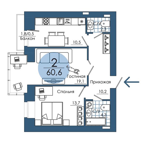 Планировка 2-комн 60,6 м²
