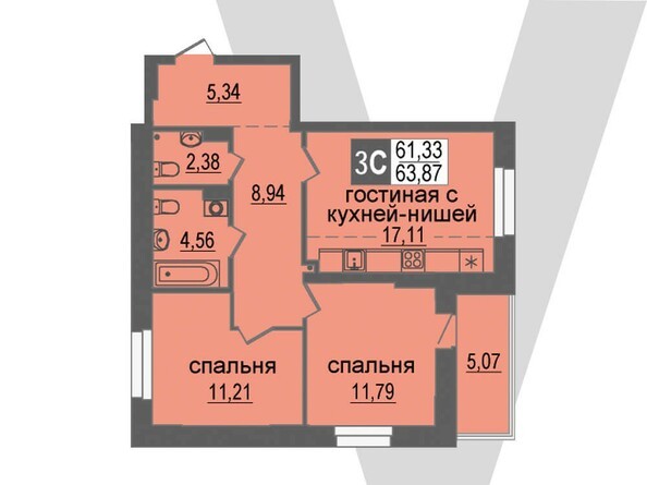 Планировка 3-комнатной 63,87 кв.м