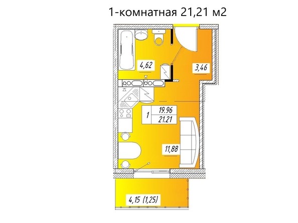 Планировка Студия 21,1, 21,21 м²