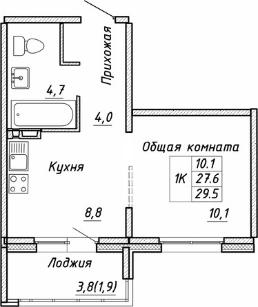 Планировка 1-комн 29,5 м²