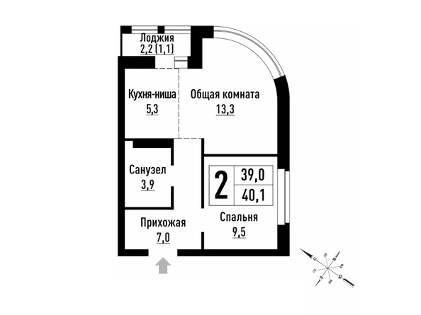 Планировка 2-комн 39, 40,1 м²