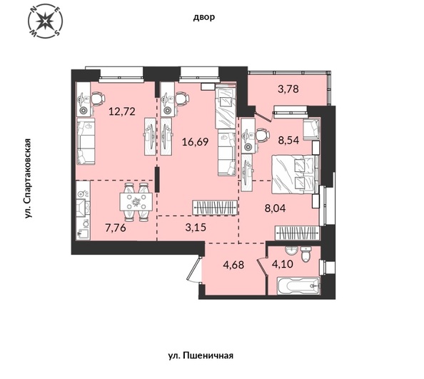 Планировка 3-комн 69,46 м²