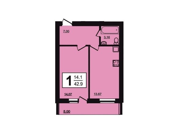 1-комнатная квартира 42,9 кв.м