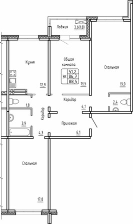 Планировка 3-комн 87,5 м²