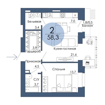 Планировка 2-комн 58,3 м²