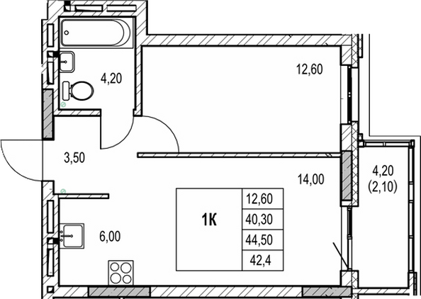 Планировка 1-комн 40,3 м²