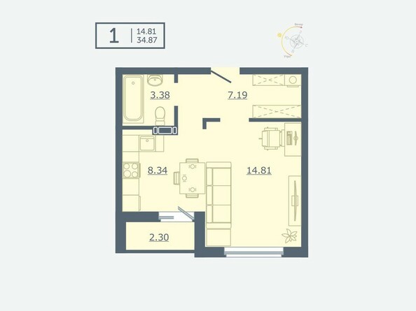 1-комнатная 34,87 кв.м.
