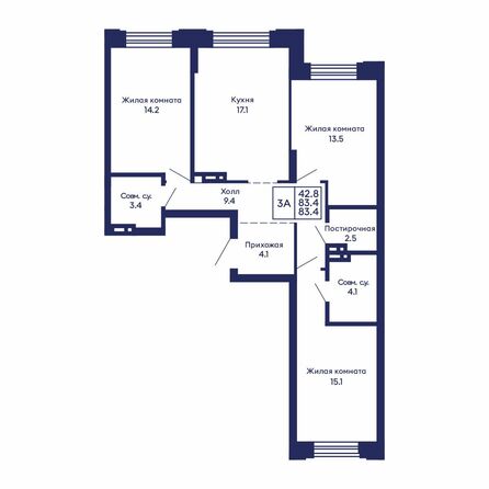 Планировка 3-комн 83,4 м²
