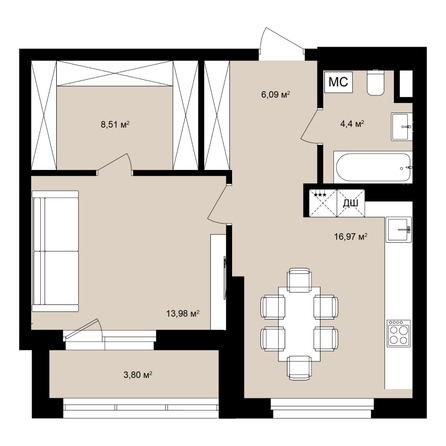 Планировка Студия 52,98, 53,04 м²