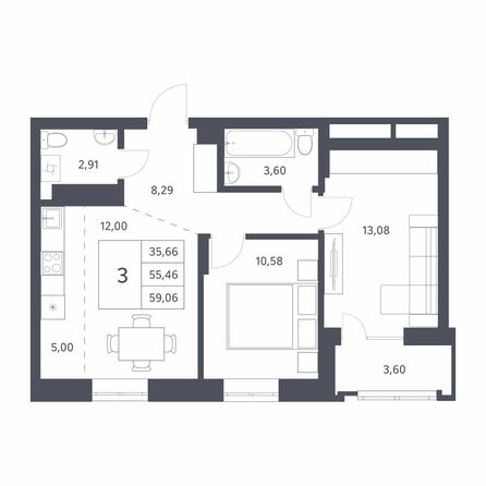 Планировка 3-комн 55,46 - 56,39 м²