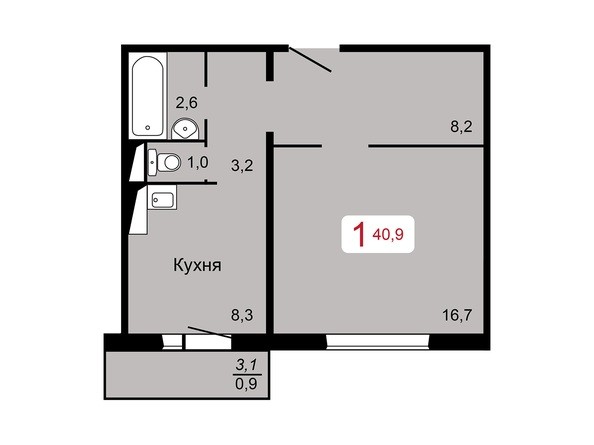 1-комнатная 40,9 кв.м