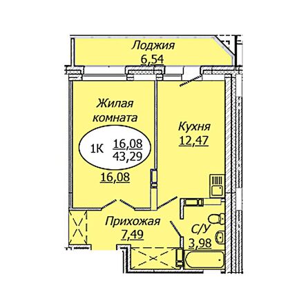 Планировка 1-комн 43,29, 43,99 м²