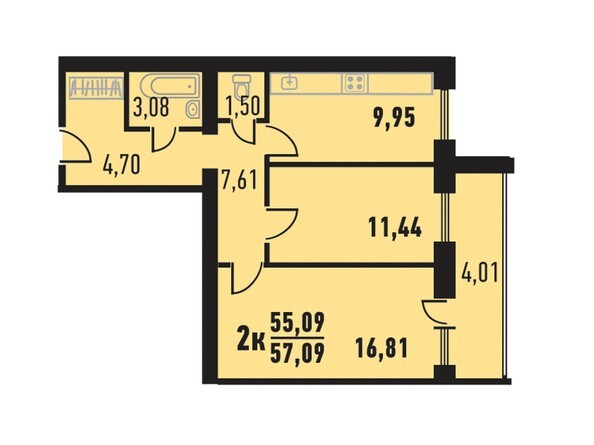 Планировка двухкомнатной квартиры 57,09 кв. м