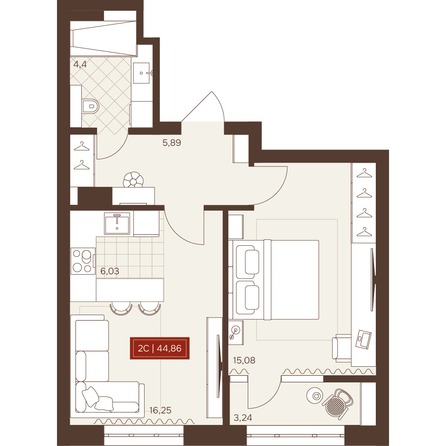 Планировка 2-комн 44,79 м²