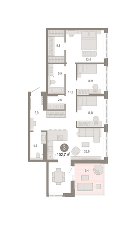 Планировка 3-комн 102,72, 103,86 м²