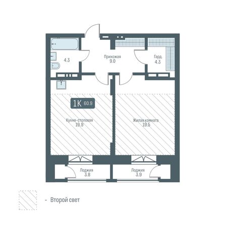 Планировка 1-комн 60,9 м²