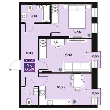 Планировка 2-комн 66, 66,4 м²