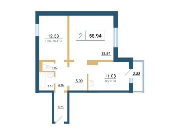 Планировка двухкомнатной квартиры 58,94 кв.м