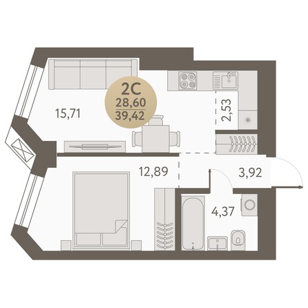 Планировка 2-комн 39,42, 39,97 м²