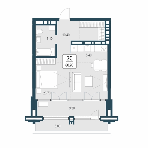 Планировка 2-комн 60,7 м²
