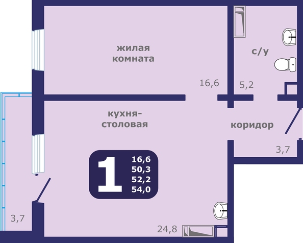 Планировка 1-комн 54 м²