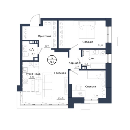 Планировка 3-комн 74,5 м²