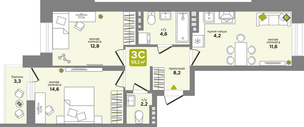 Планировка 3-комн 59,2 - 59,5 м²