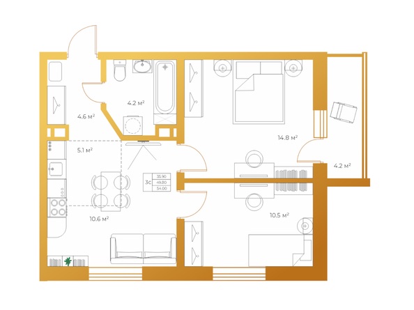 Планировка 3-комн 54 м²