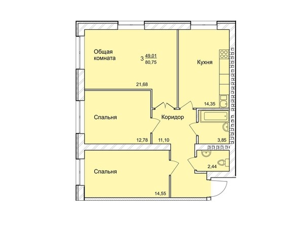 Планировка трёхкомнатной квартиры 80,75 кв.м