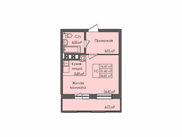 Планировка однокомнатной квартиры 34,81 кв.м