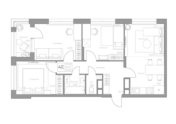 Планировка 4-комн 69,62 м²