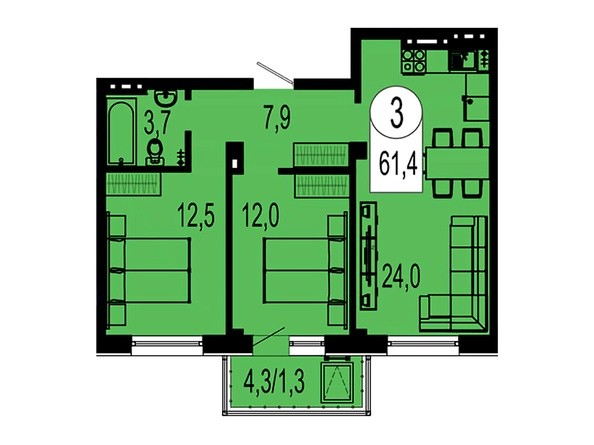 Планировка трехкомнатной квартиры 61,4 кв.м