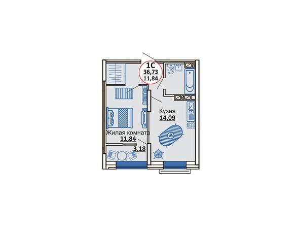 Планировка 1-комнатной квартиры 36,73 кв.м