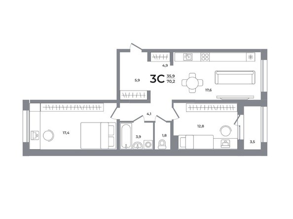 Планировка 2-комн 69,9 - 70,2 м²